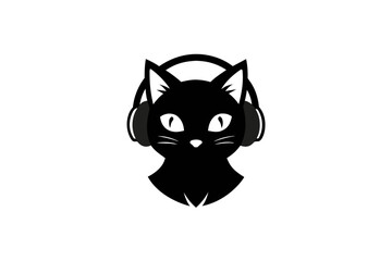 Wall Mural - Cat logo wearing headphones silhouette black color image vector art illustration