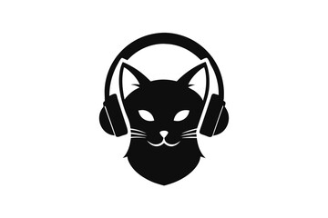 Wall Mural - Cat logo wearing headphones silhouette black color image vector art illustration