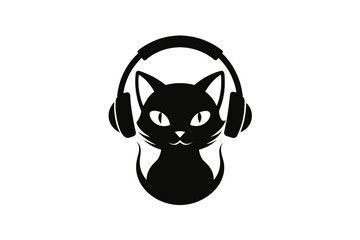 Wall Mural - Cat logo wearing headphones silhouette black color image vector art illustration