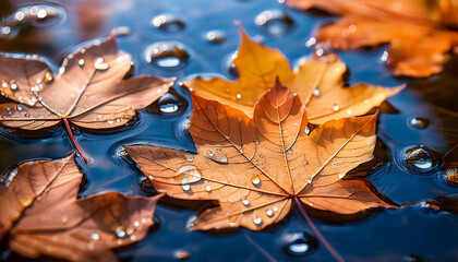 Raindrop Details- A Macro Shot of Autumn Leaves Sinking into a Puddle