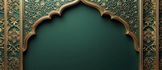 Wall Mural - Ornate Golden Archway with Green Background. Islamic Background, Muslim, Ramadhan, eid al-fitr, eid al-adha, 