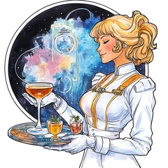 Canvas Print - A Woman in White Serving Cocktails in a Starry Night.