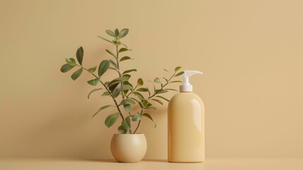 Wall Mural - Solid color background, hand sanitizer, plant, herb, natural, packaging design, product design, beige color, photo