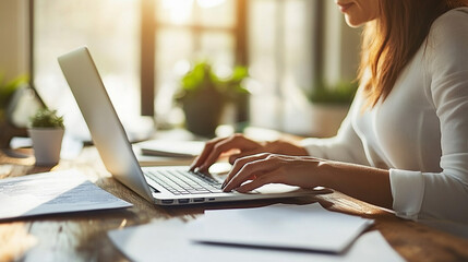 businesswoman's hands typing on a laptop keyboard. Focus is on her fingers as she works on a modern computer in a professional office environment, representing productivity and technology
