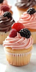 Wall Mural - Delightful cupcakes with berry toppings on display in a bakery setting