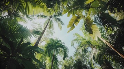 An intricately detailed view of a tropical jungle with towering trees, exotic plants, and a clear blue sky peeking through the canopy, providing a sense of depth and adventure