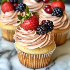 Wall Mural - Delicious cupcakes topped with fresh strawberries and blackberries