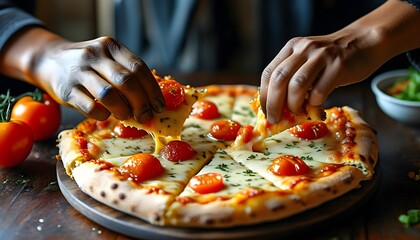 Hands reaching for delicious cheese and tomato pizza slices on a sleek steel table