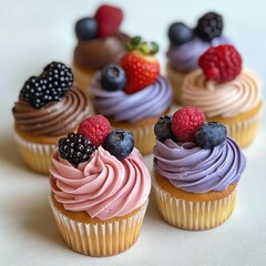 Wall Mural - Delightful assortment of colorful cupcakes topped with fresh berries