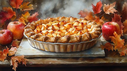 Wall Mural - close up of a delicious freshly baked apple pie on a light kitchen windowsill with golden crust and rich filling, painting art new beautiful stock image illustration AI