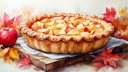 Wall Mural - close up of a delicious freshly baked apple pie on a light kitchen windowsill with golden crust and rich filling, painting art new beautiful stock image illustration AI