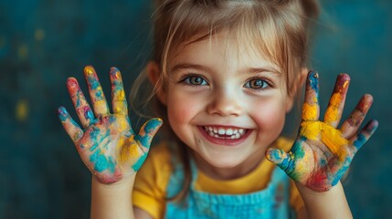 A cheerful young girl proudly displays her paint-covered hands, showcasing her artistic spirit during a fun and creative session at home