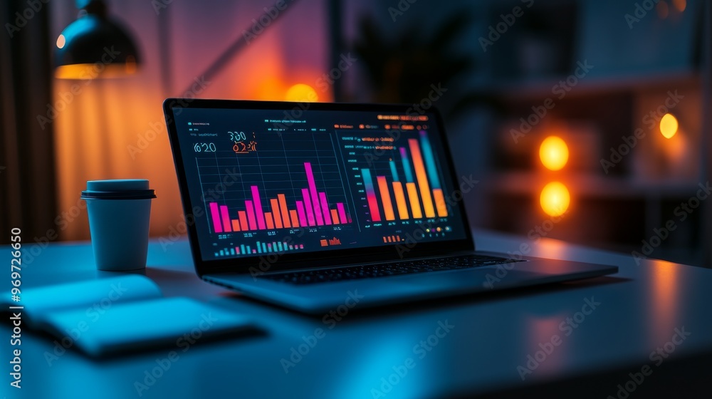 The laptop showcases vibrant graphs and charts, indicating data ...