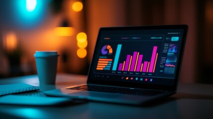 a laptop shows vibrant graphs and charts on a dimly lit desk while a coffee cup sits nearby, creatin