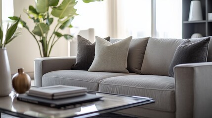 Wall Mural - A cozy living room features a contemporary sofa adorned with decorative pillows, a glass coffee table, and large plants that bring life to the airy space