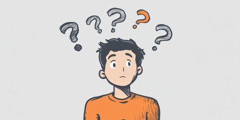 A man lost in thought surrounded by question marks in a hand-drawn style with a grey background