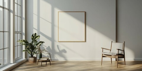 Wall Mural - Bright minimalist room with natural light and a blank frame