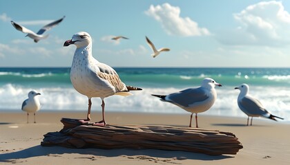 serene beach scene with seagulls soaring above a weathered log on the sand