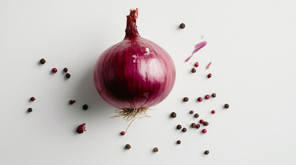 A red onion with spices, shown from above, against a plain white backdrop.