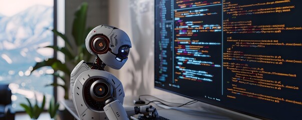 Robot programming code on computer screen in modern office with mountain view. AI and technology in business workspace.