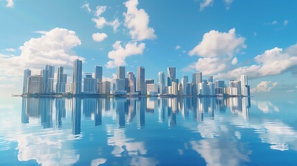 Wall Mural - Stunning panoramic view of Miami skyline during the day with tall skyscrapers reflecting on the water, clear blue sky above, and subtle clouds floating in the background