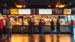 © Elmira - Patrons line up at a bustling food counter in an urban cinema, surrounded by glowing menu displays while waiting to order snacks and beverages before the movie