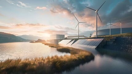 Wall Mural - Stunning renewable energy landscape featuring wind turbines, solar panels, and a serene river at sunset.