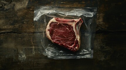 Wall Mural - A ribeye steak is vacuum-sealed in clear packaging, placed on a rustic wooden surface, showcasing its marbled texture and freshness, ideal for grilling or cooking