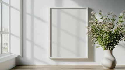 Wall Mural - scandinavian-inspired banner with a white canvas frame on the wall and a vase of flowers, showcasing a clean and stylish design