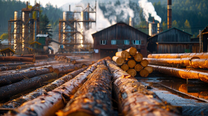 A lumber mill with logs being processed into planks, showcasing industrial activity and natural beauty of surrounding forest. scene captures essence of timber production and connection between nature