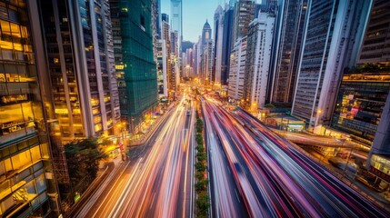 A bustling city scene in Hong Kong showcases vibrant light trails from moving vehicles along busy streets, with towering skyscrapers illuminating the night sky