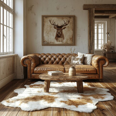 Wall Mural - Rustic living room with leather sofa and a cowhide rug.