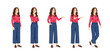 © Volha Hlinskaya - Young beautiful woman with curly hair standing half turn view different poses set. Standing, showing, talking, thinking and walking. Isolated vector illustration.