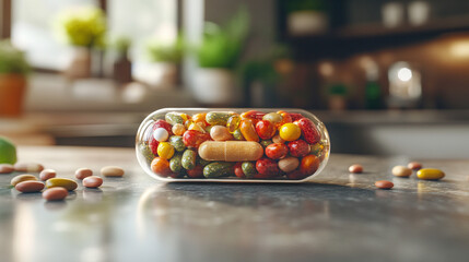 Poster - transparent glass pill-shaped capsule filled with colorful assorted fruits. Symbolizing health, vitality, and the fusion of nature with modern wellness