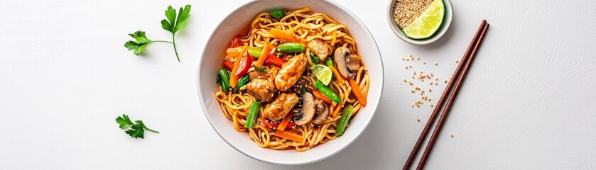 Wall Mural - Overhead View of Asian Noodles with Chicken Vegetables and Sesame Seeds in a White Bowl on a White Table with Chopsticks