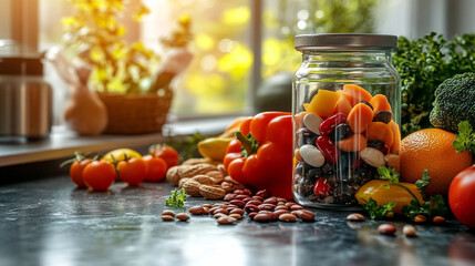 Wall Mural - transparent glass pill-shaped capsule filled with colorful assorted fruits. Symbolizing health, vitality, and the fusion of nature with modern wellness