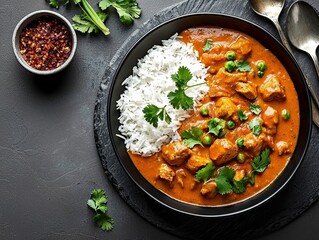 Wall Mural - Overhead View of Chicken Curry with Rice and Cilantro in Black Bowl on Slate Background