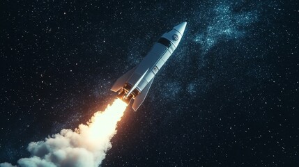 Wall Mural - Rocket launch into space against a starry sky with smoke trailing behind at night