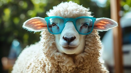 Sheep in Blue Sunglasses Looks at the Camera