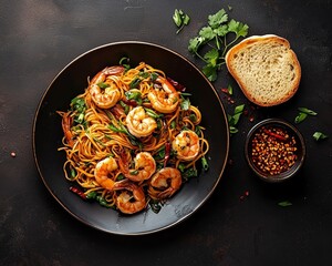 Wall Mural - Overhead View of Spicy Shrimp Noodles on Black Plate with Garnish and Sauce