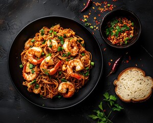 Wall Mural - Overhead View of Spicy Shrimp Noodles with Chili Flakes Parsley on Black Background