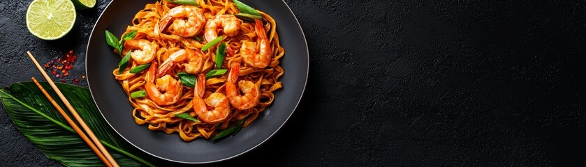 Wall Mural - Overhead View of Spicy Shrimp Pad Thai with Lime and Chopsticks on Black Background