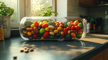 Poster - transparent glass pill-shaped capsule filled with colorful assorted fruits. Symbolizing health, vitality, and the fusion of nature with modern wellness