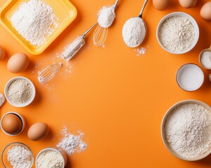 Wall Mural - Flour Power TopDown Composition of Baking Ingredients on Orange Background