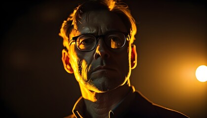 Wall Mural - Intense Focus of a Serious Man with Glasses under Dramatic Lighting