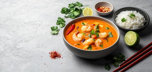 Wall Mural - Spicy Tom Yum Soup with Shrimp Cilantro Lime Overhead View on Grey Background