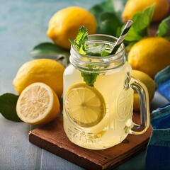 mason jar glass of lemon lemonade with lemons