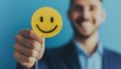 © Andrii - Man'S Excellent Rating On Smiley Face Icon For Customer Service Evaluation And Feedback On Light Blue Background, Happy Customer Review Concept