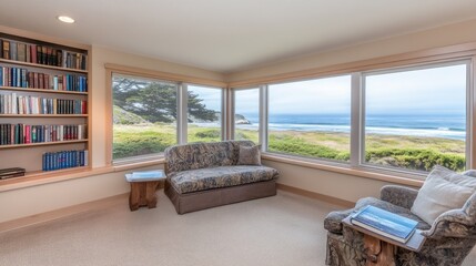 Sticker - This serene reading nook features a window seat with soft cushions and a stunning view of the ocean, inviting relaxation and tranquility during sunny days