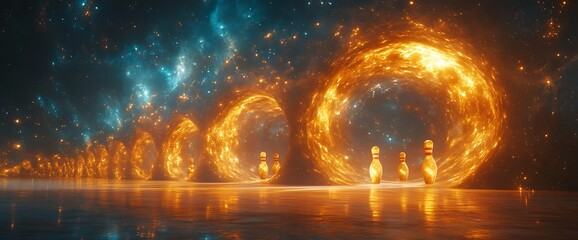 Wall Mural - Abstract fiery portal with glowing bowling pins in a cosmic landscape.